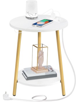 Kulatý odkládací stolek Vasagle Luretta 40 cm s nabíjecí stanicí bílý/zlatý