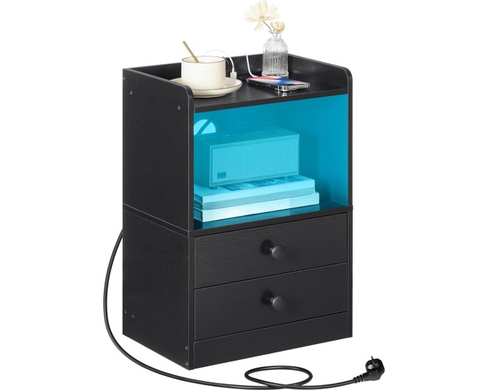 Noční stolek Silven 38 cm s LED osvětlením a nabíjecí stanicí černý