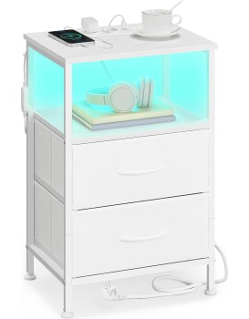 Noční stolek Belah s LED osvětlením a nabíjecí stanicí bílý
