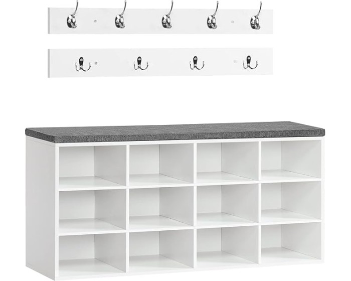 Předsíňový věšák s botníkem a sedákem Vasagle Jungo 100 cm bílý/šedý