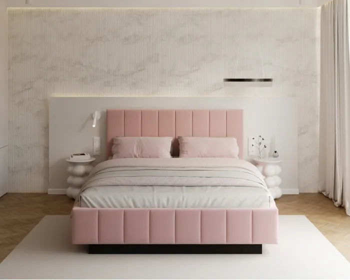 Čalouněná postel Levito se zvedacím roštem Trinity pudrově růžová