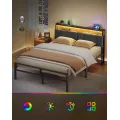 Rám dvoulůžkové postele s nabíjecí stanicí a LED osvětlením Vasagle Domi 140x190 černý/šedý