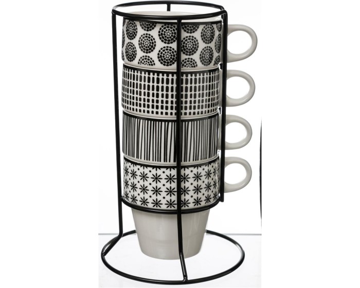 Sada stojanu a 4 ks šálků BOHEMIA 260 ml černá/bílá