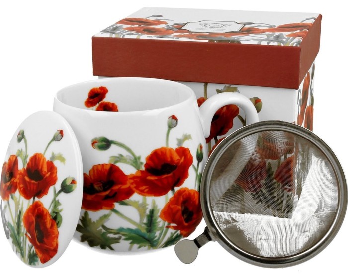 Porcelánový hrnek se sítkem a víkem Poppies 430 ml vícebarevný