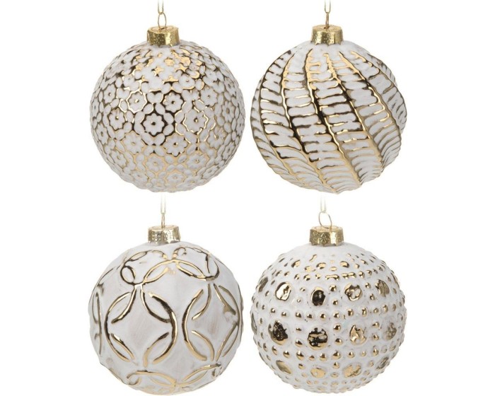 Sada 12 ks skleněných vánočních baněk SPARKLY bílá/zlatá