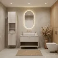 Vysoká závěsná koupelnová skříňka Hana 130 cm kašmírová/zlatá