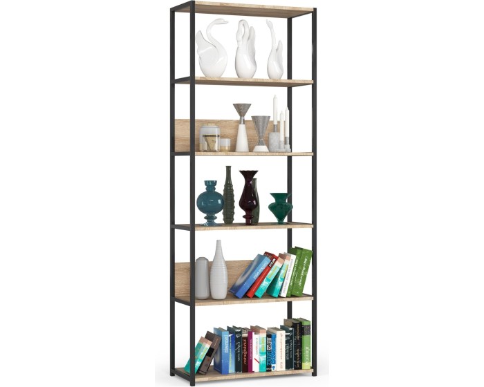 Knihovna Rita s kovovým rámem 70 cm - černá/dub sonoma - 6 polic