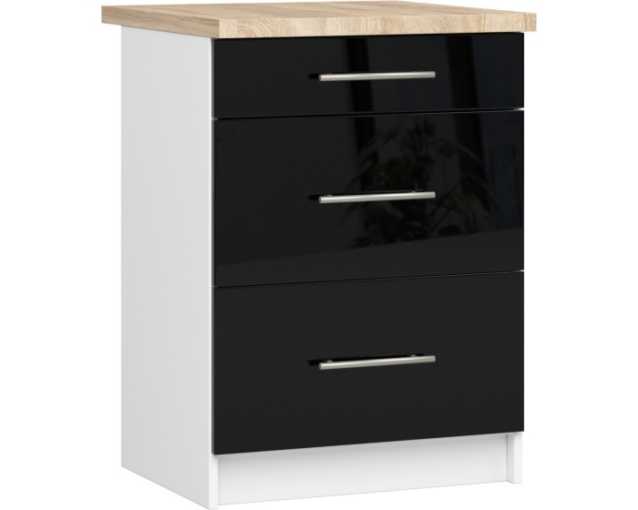 Kuchyňská skříňka Olivie S 60 cm 3S bílá/černý lesk/dub sonoma