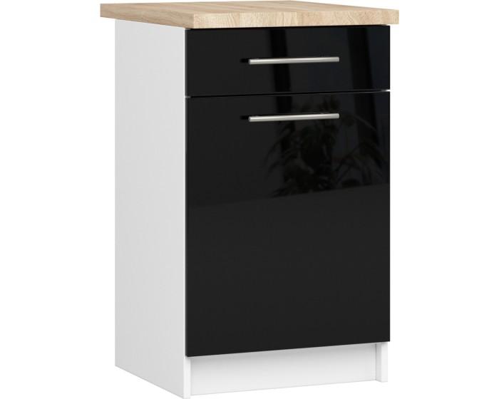 Kuchyňská skříňka Olivie S 50 cm 1D 1S bílá/černý lesk/dub sonoma