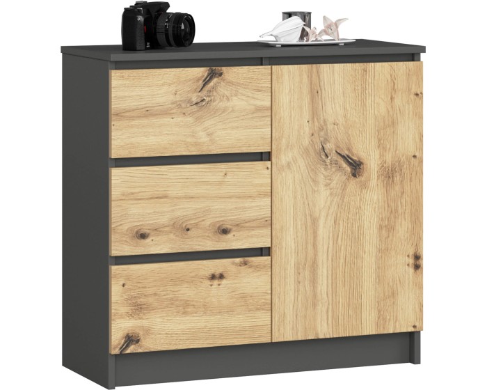 Komoda JERRY K 80 cm 1 dveře 3 zásuvky grafitově šedá/dub artisan