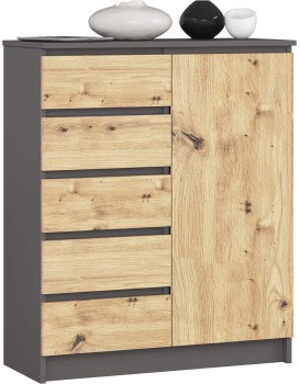 Komoda JERRY 80 cm 1 dveře 5 zásuvek grafitová/dub artisan