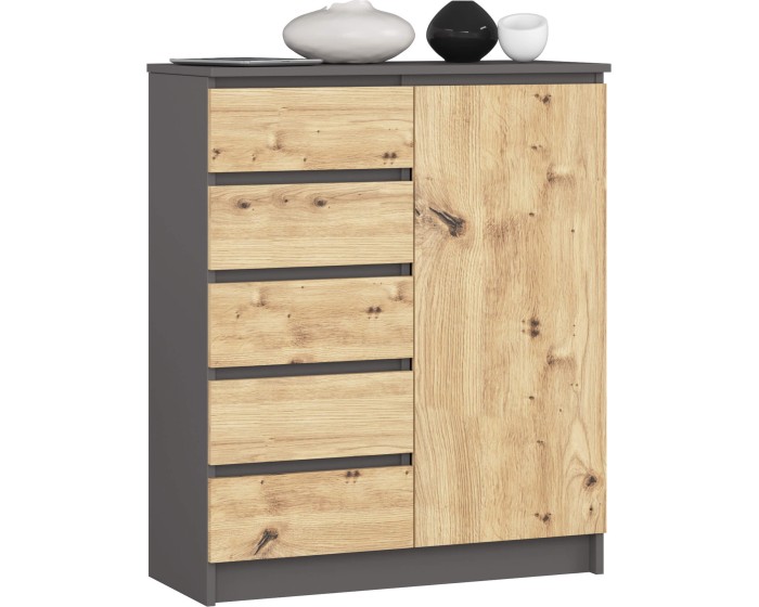 Komoda JERRY 80 cm 1 dveře 5 zásuvek grafitová/dub artisan