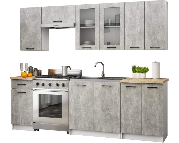 Kuchyňská linka Olivie 2,4 m H720 prosklená beton/dub sonoma