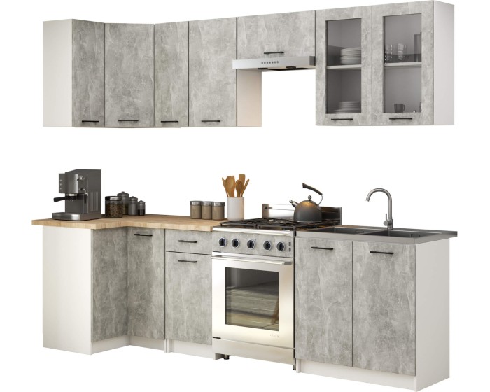 Kuchyňská rohová linka Olivie 3 m H720 prosklená beton/dub sonoma