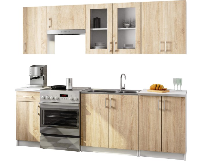 Kuchyňská linka Lima 240 cm prosklená bílá/dub sonoma