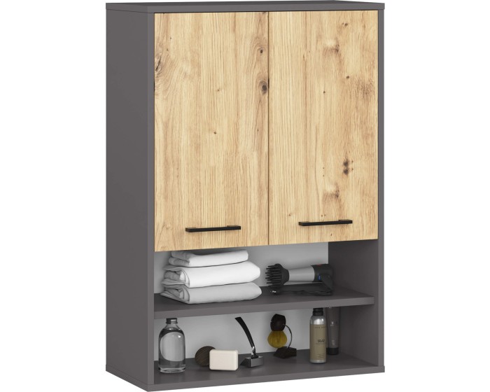 Závěsná koupelnová skříňka Fin W64 2D 64 cm grafit/dub artisan