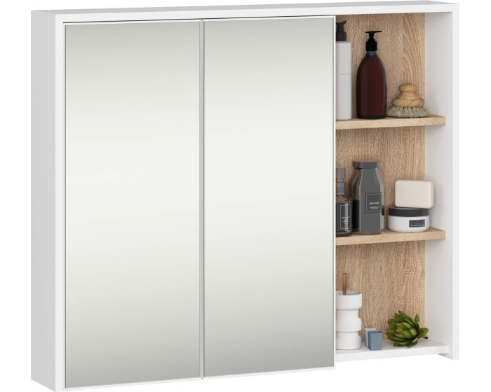 Závěsná koupelnová skříňka se zrcadlem VAMI 90 cm bílá/dub sonoma