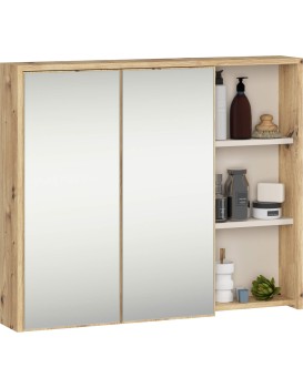 Závěsná koupelnová skříňka se zrcadlem VAMI 90 cm dub artisan/kašmírová