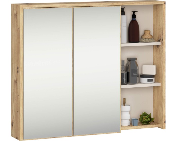 Závěsná koupelnová skříňka se zrcadlem VAMI 90 cm dub artisan/kašmírová