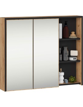 Závěsná koupelnová skříňka se zrcadlem VAMI 90 cm dub craft/černá