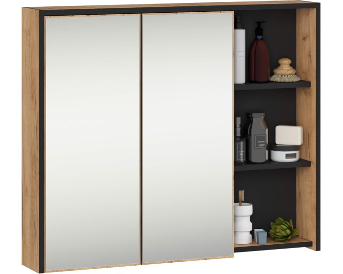 Závěsná koupelnová skříňka se zrcadlem VAMI 90 cm dub craft/černá