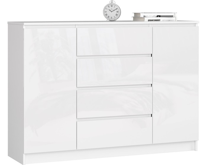 Komoda Kryštof 140 cm 2 skříňky a 4 šuplíky bílá lesk