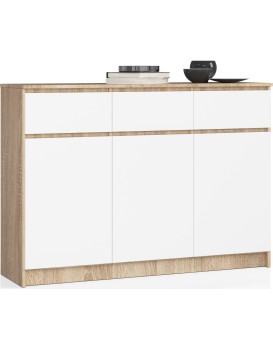 Komoda Karolína 140 cm 3 skříňky a 3 šuplíky dub sonoma/bílá