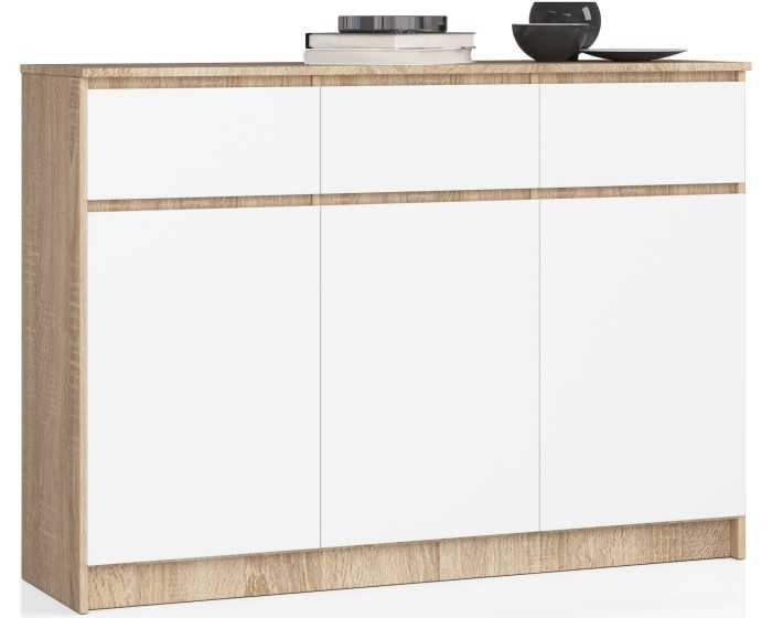Komoda Karolína 140 cm 3 skříňky a 3 šuplíky dub sonoma/bílá