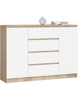Komoda Kryštof 140 cm 2 skříňky a 4 šuplíky dub sonoma/bílá