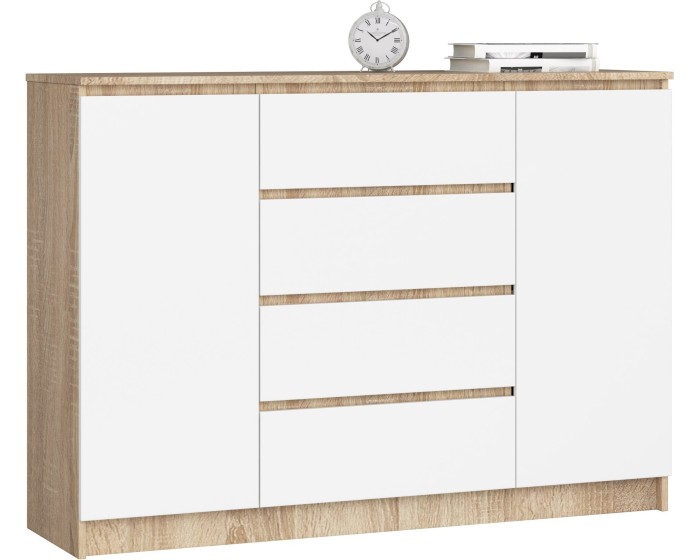 Komoda Kryštof 140 cm 2 skříňky a 4 šuplíky dub sonoma/bílá