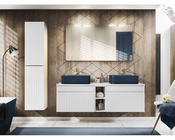 Koupelnová sestava Iconic s deskou, umyvadly, zrcadlem a skříňkami 140 cm bílá