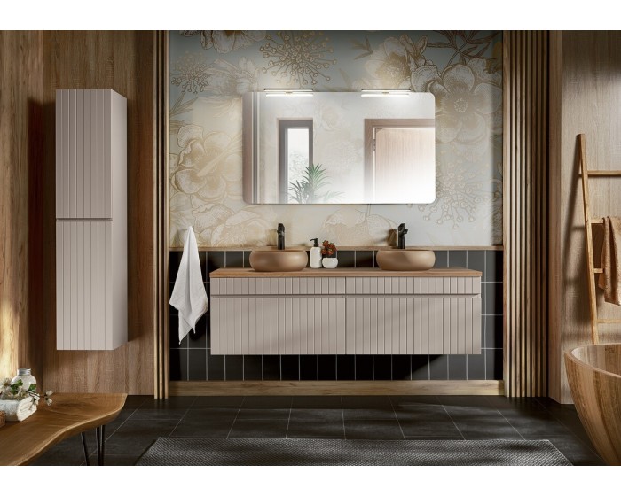 Koupelnová sestava Iconic s deskou, umyvadly, zrcadlem a skříňkami 160 cm kašmírová/dub coast evoke