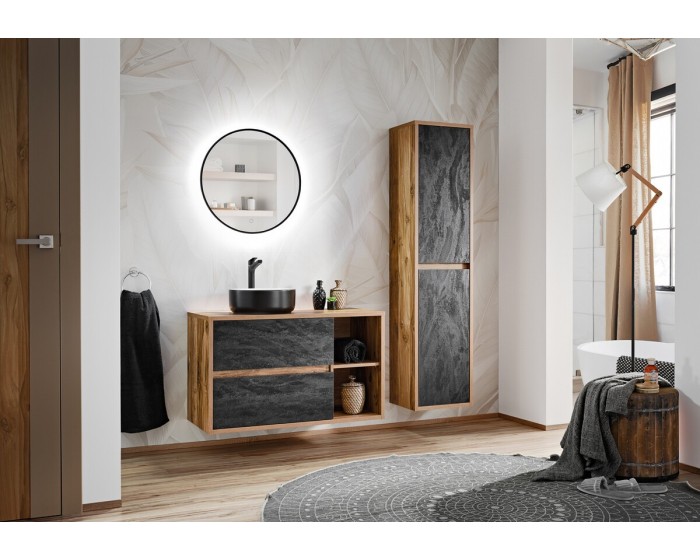 Koupelnová sestava Hampton Concrete 100 cm s umyvadlem, skříňkami a zrcadlem dub hunton/ tmavý beton