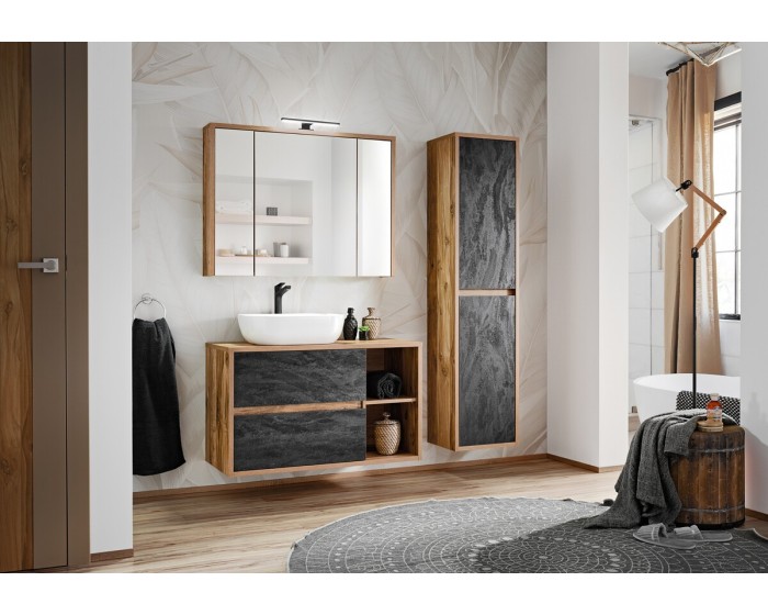 Koupelnová sestava Hampton Concrete 100 cm s umyvadlem, skříňkami a zrcadlem tmavý beton/dub hunton