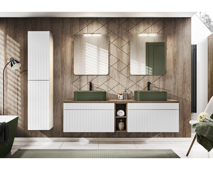 Koupelnová sestava Iconic s deskou, umyvadly, skříňkami a zrcadlem 180 cm bílá/dub santa fe vintage