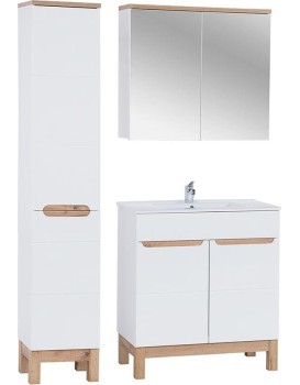 Koupelnová sestava Bali 80 cm se skříňkami, zápustným umyvadlem a zrcadlem bílá/dub wotan