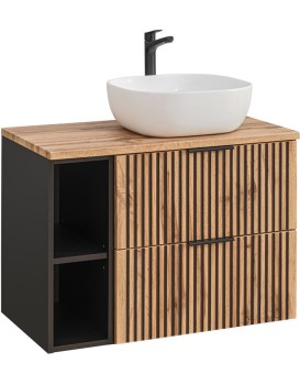 Závěsná umyvadlová skříňka Casad II s deskou a umyvadlem 80 cm černá/dub wotan