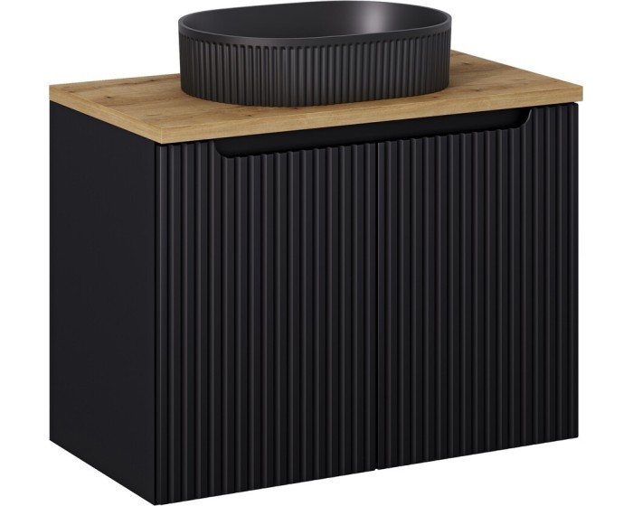 Závěsná skříňka Nova Black II s deskou a umyvadlem 80 cm černá/dub evoke