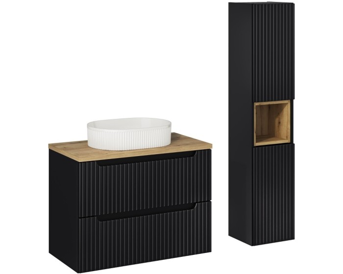 Koupelnová sestava Nova Black 80 cm s umyvadlem, deskou a skříňkami černá/dub evoke