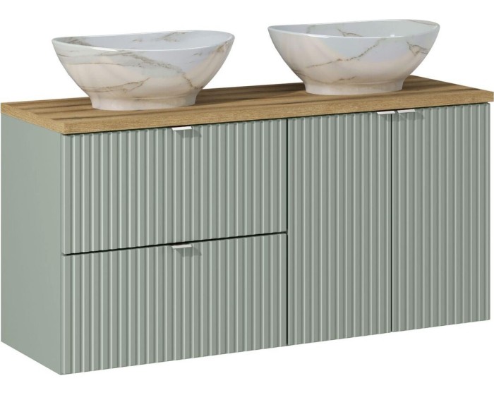 Závěsná skříňka Line Reed Green Pati s deskou a umyvadly 120 cm zelená/dub evoke
