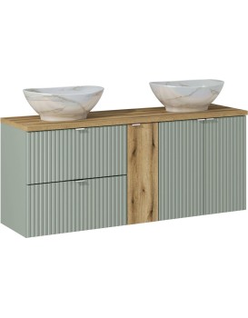 Závěsná skříňka Line Reed Green Pati s deskou a umyvadly 140 cm zelená/dub coast evoke