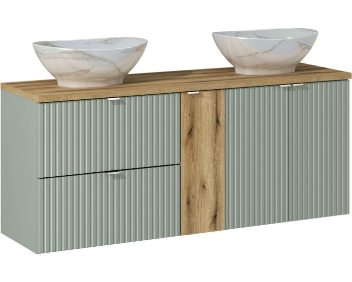 Závěsná skříňka Line Reed Green Pati s deskou a umyvadly 140 cm zelená/dub coast evoke