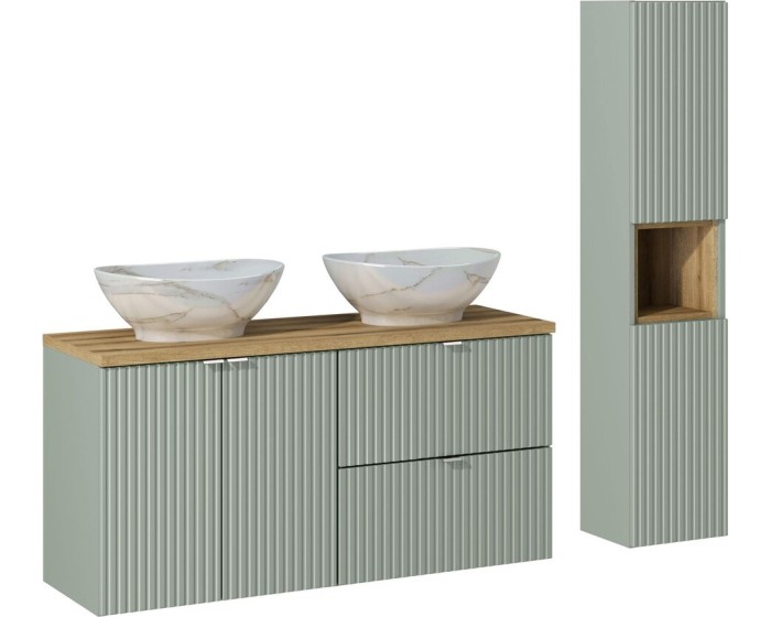 Koupelnová sestava Line Reed Green 120 cm s deskou, umyvadly a skříňkami 120 cm zelená/dub evoke