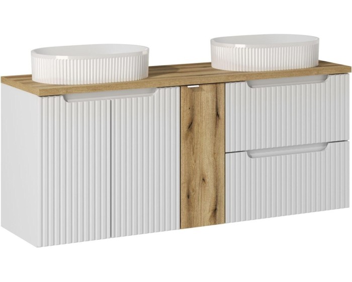 Závěsná skříňka Nova White s deskou a umyvadly 140 cm bílá/dub evoke