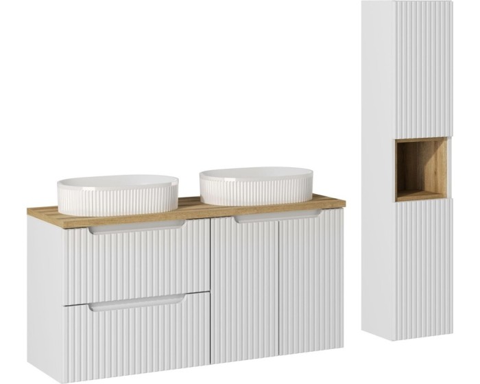 Koupelnová sestava Nova White s deskou, umyvadly a skříňkami 120 cm bílá/dub evoke