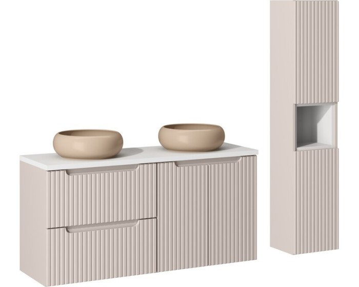 Koupelnová sestava Nova Cashmere s deskou, umyvadly a skříňkami 120 cm kašmírová/bílá