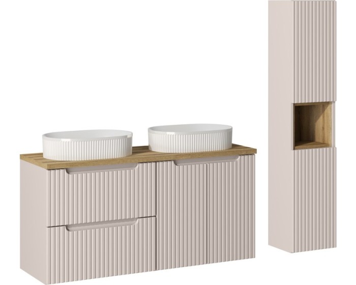 Koupelnová sestava Nova Cashmere s deskou, umyvadly a skříňkami 120 cm kašmírová/dub evoke