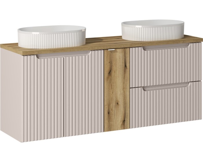 Závěsná skříňka Nova Cashmere Beyond 5 s deskou a umyvadly 140 cm kašmír/dub coast evoke
