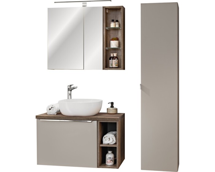 Koupelnová sestava SantaFe 80 cm se skříňkami, umyvadlem a zrcadlem taupe/dub santa fe vintage