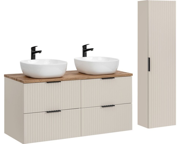 Koupelnová sestava Adele Cashmere s deskou, umyvadly a skříňkami 120 cm kašmírová/dub wotan